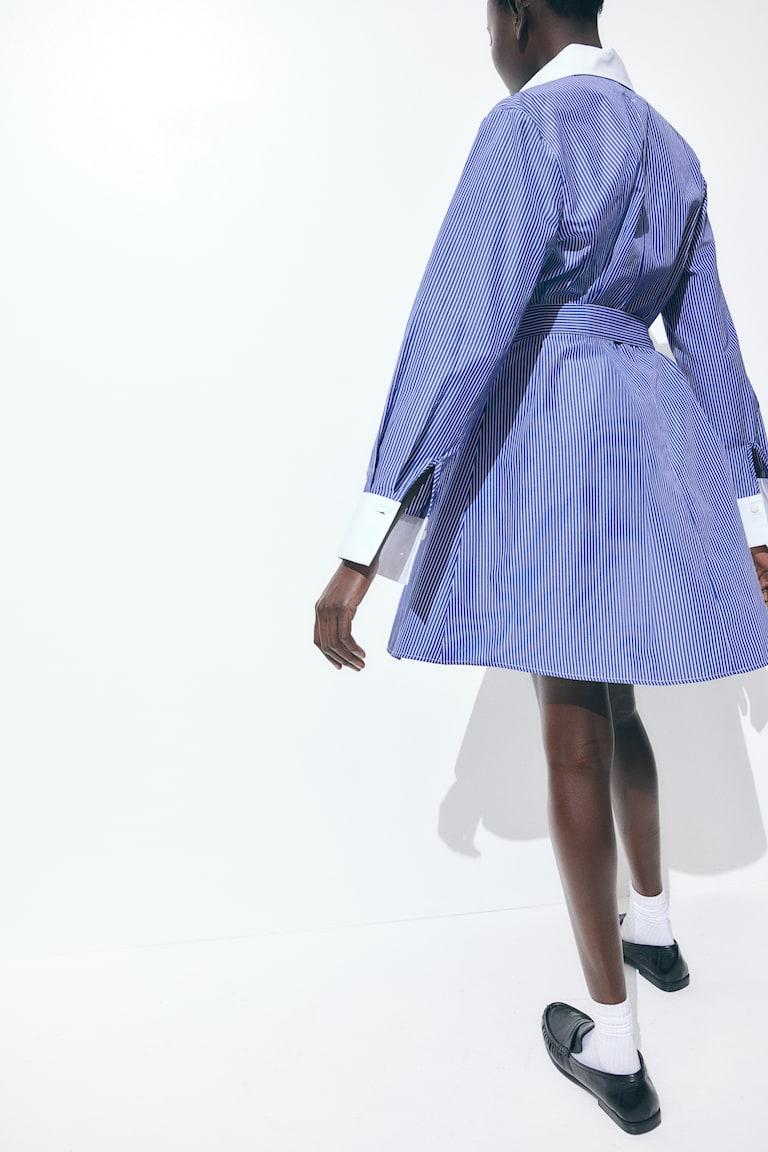 H&M Vestido Camisero Con Cinturón De Anudar - Azul Marino/Rayas - MUJER