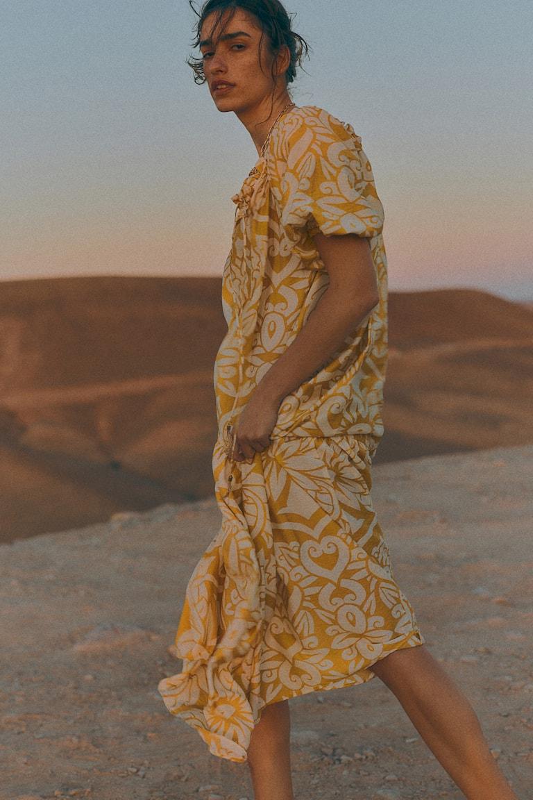 H&M Vestido Con Cordón De Ajuste - Amarillo/Estampado - MUJER