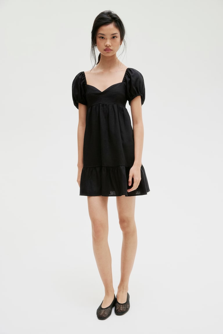 H&M Vestido Con Manga Puffy - Crema/Bordado Inglés - MUJER