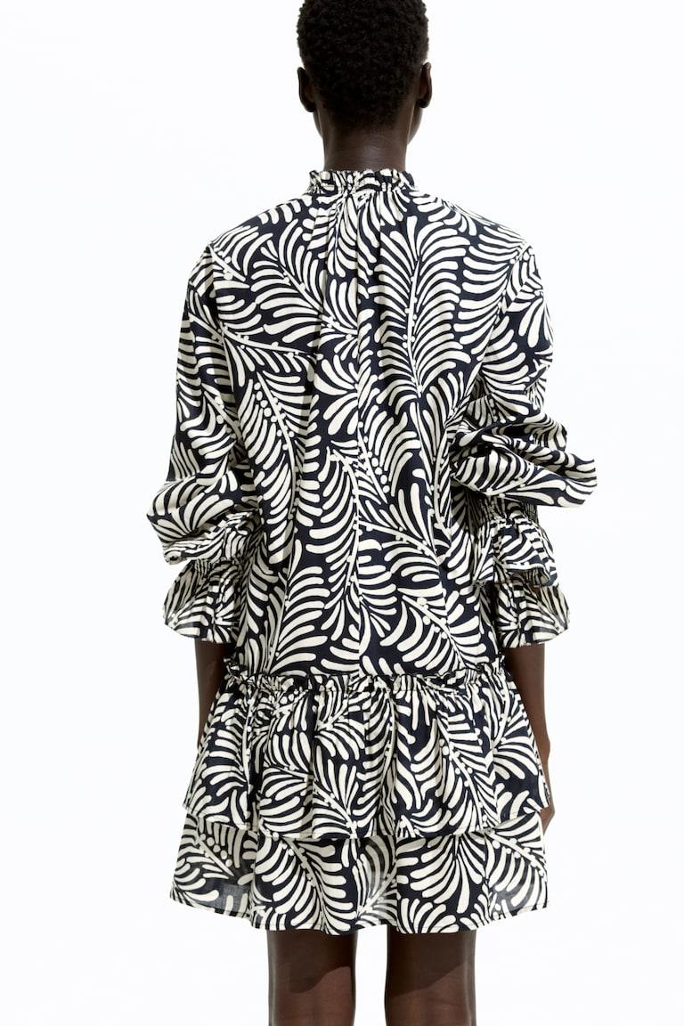 H&M Vestido Con Volantes Y Cinturón De Anudar - Negro/Estampado Crema - MUJER