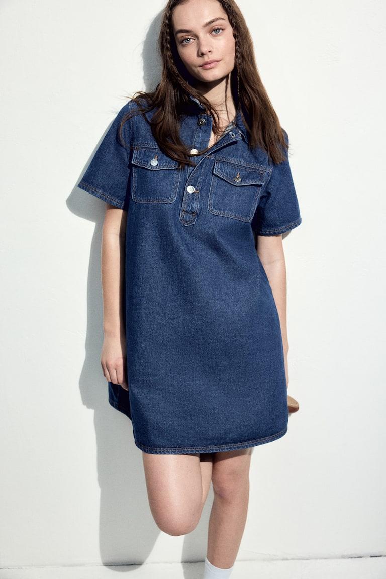 H&M Vestido Denim De Manga Corta - Azul Denim Claro - MUJER