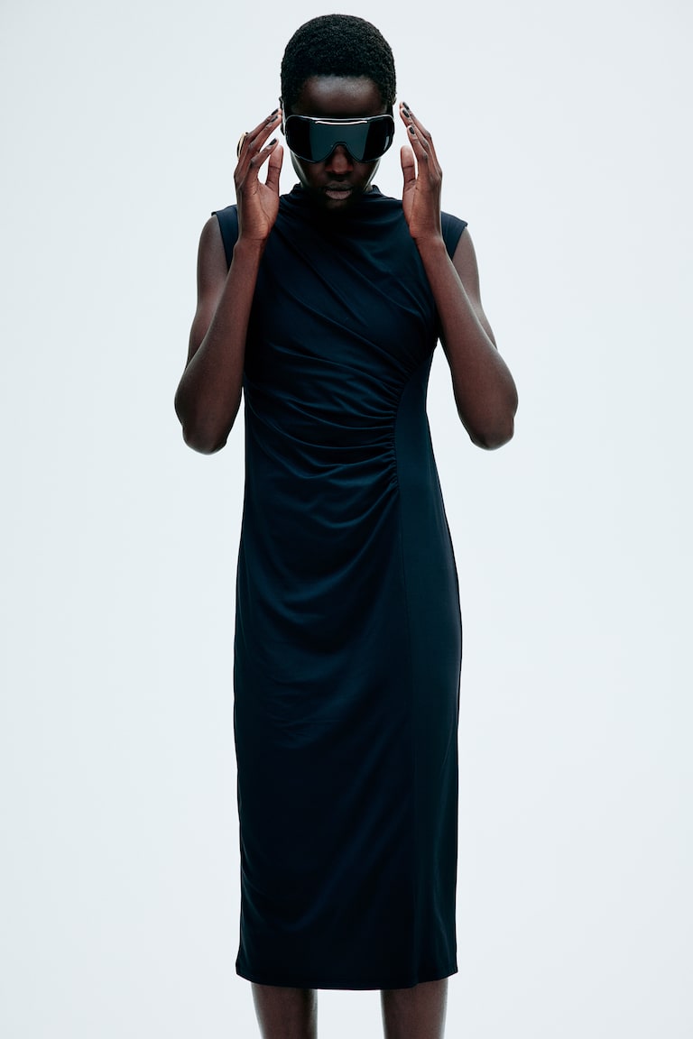 H&M Vestido Drapeado Con Cuello Perkins - Negro/Estampado - MUJER