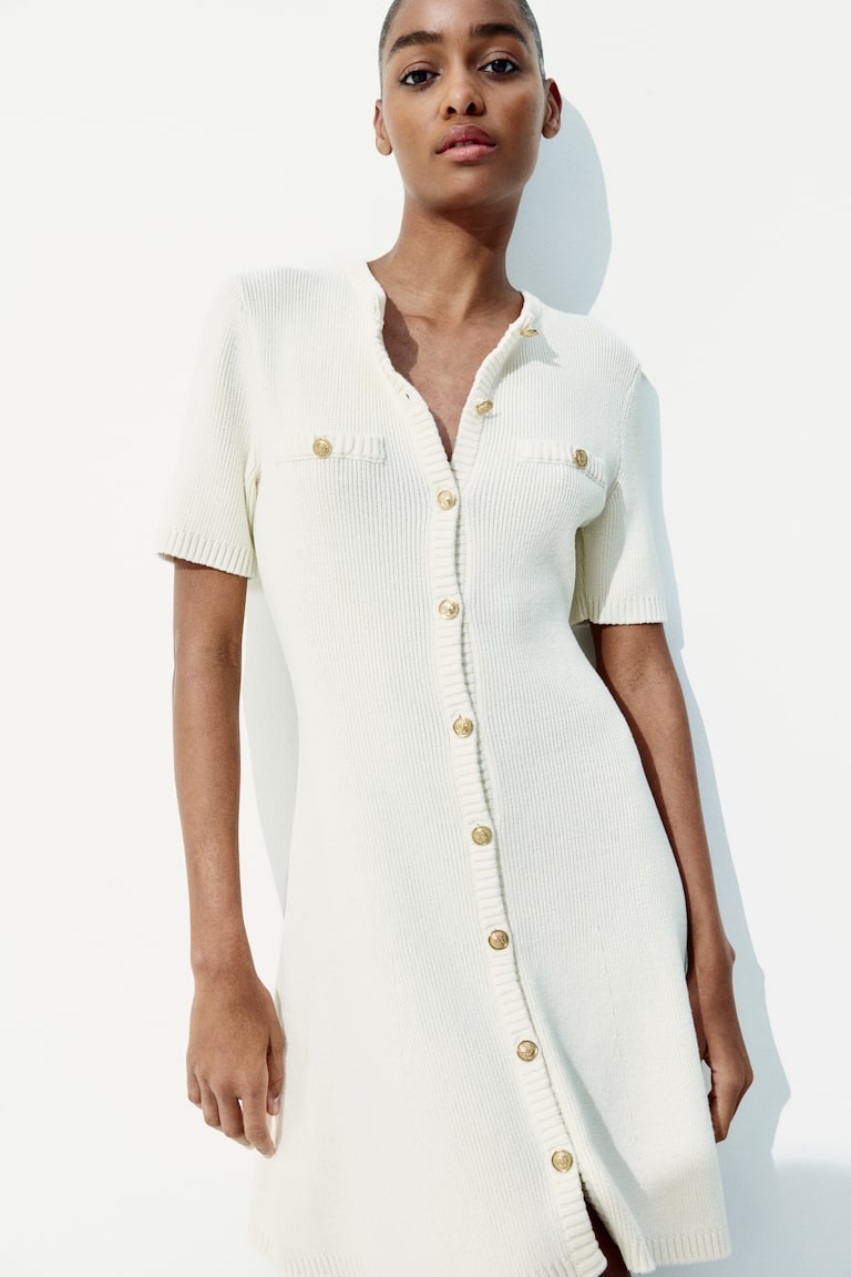 H&M Vestido en punto de canalé con botonadura frontal - Crema - MUJER