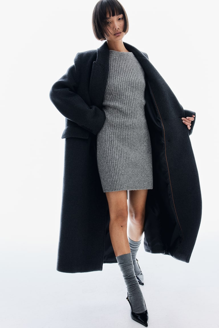 H&M Vestido En Punto De Canalé Con Escote Barco - Gris Jaspeado - MUJER