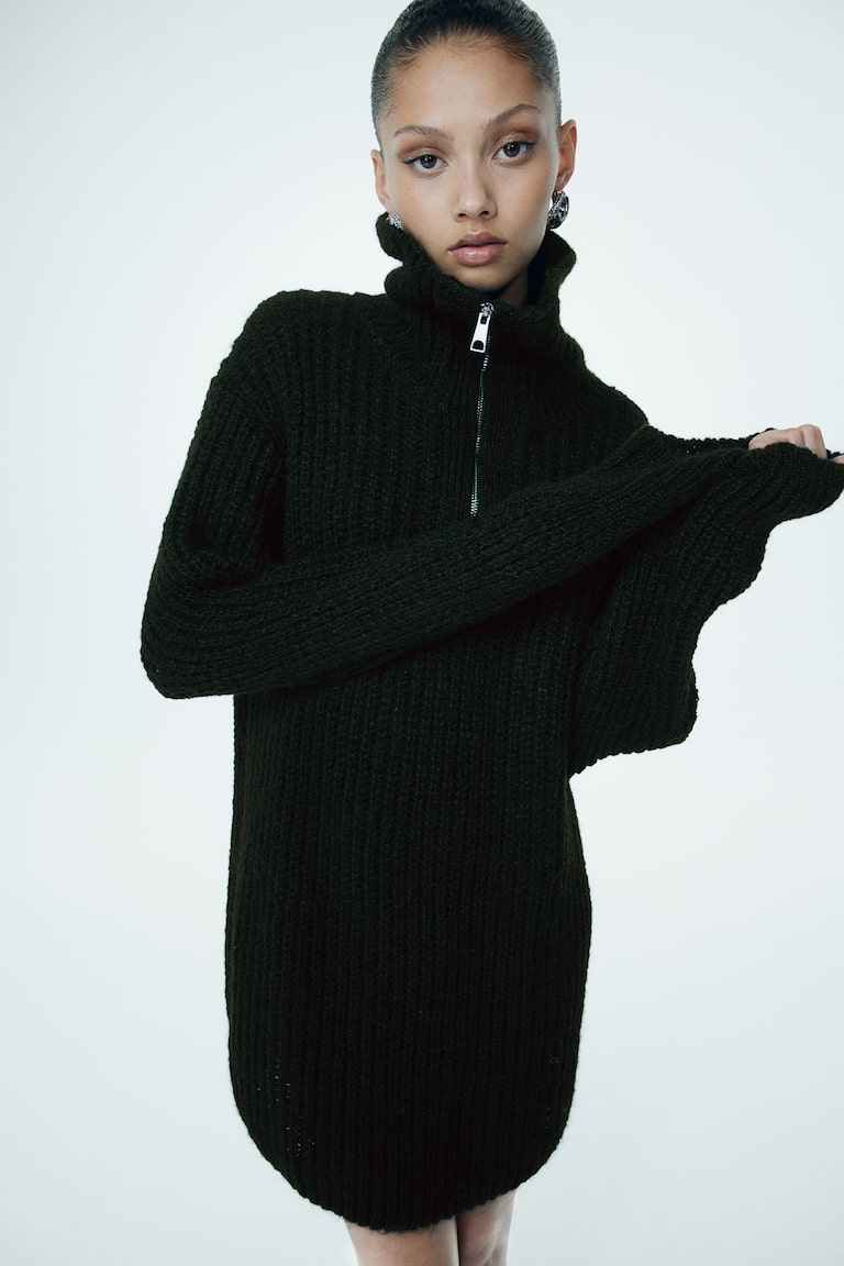 H&M Vestido En Punto De Canalé Con Media Cremallera - Negro - MUJER