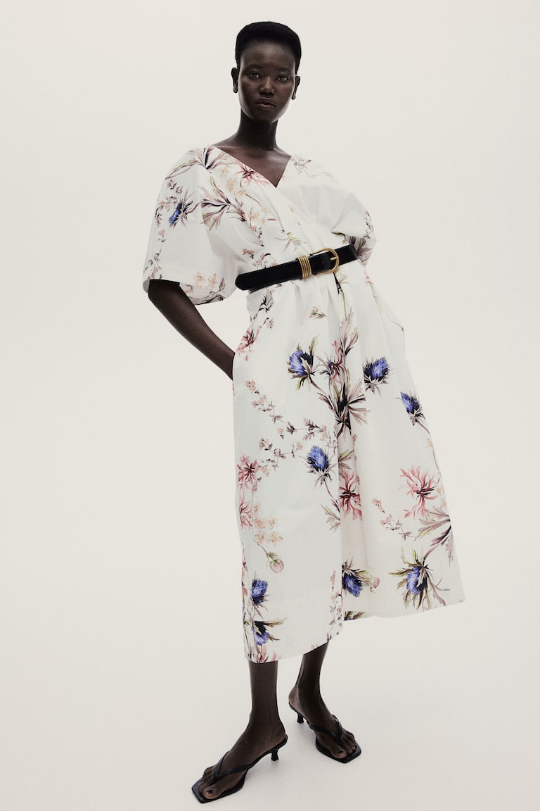 H&M Vestido Entallado De Algodón - Blanco/Floral - MUJER