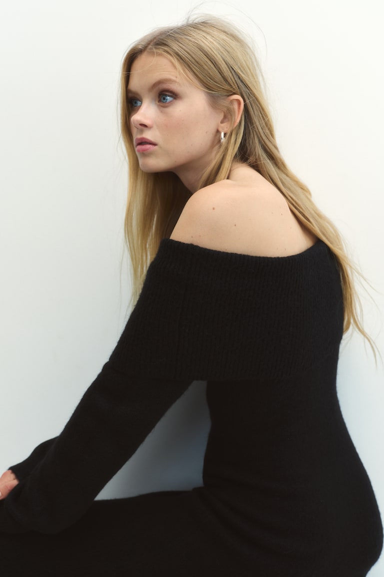 H&M Vestido Off-the-shoulder En Punto Fino - Beige Claro Jaspeado - MUJER