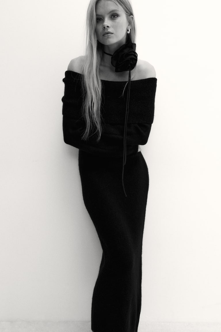 H&M Vestido off-the-shoulder en punto fino - Negro - MUJER